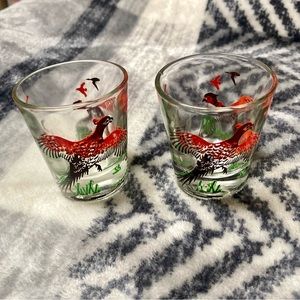 Vintage Hazel Atlas Pheasants Flying Barware Hunting Shot Glasses Lot of 2